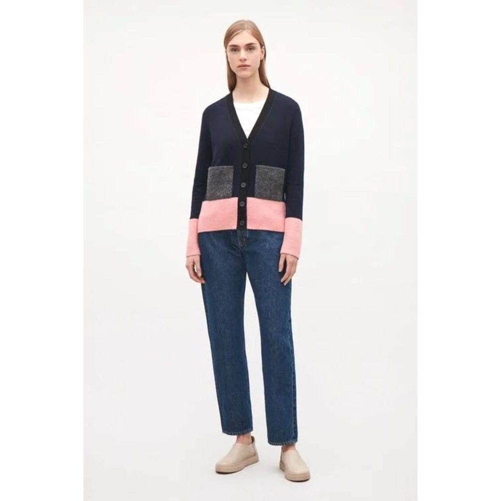 COS Cardigan Sweater Women M Navy Blue Colorblock Wool V Neck Pockets Mod Preppy